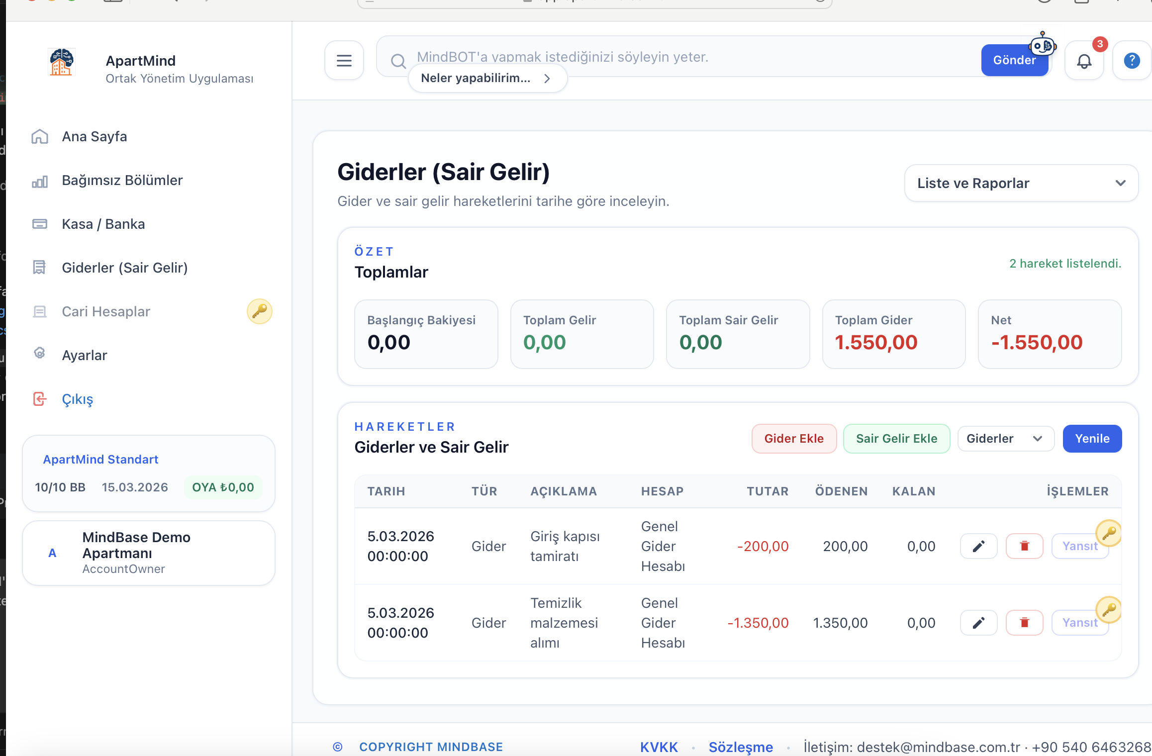 Gider kayıtları ekranı